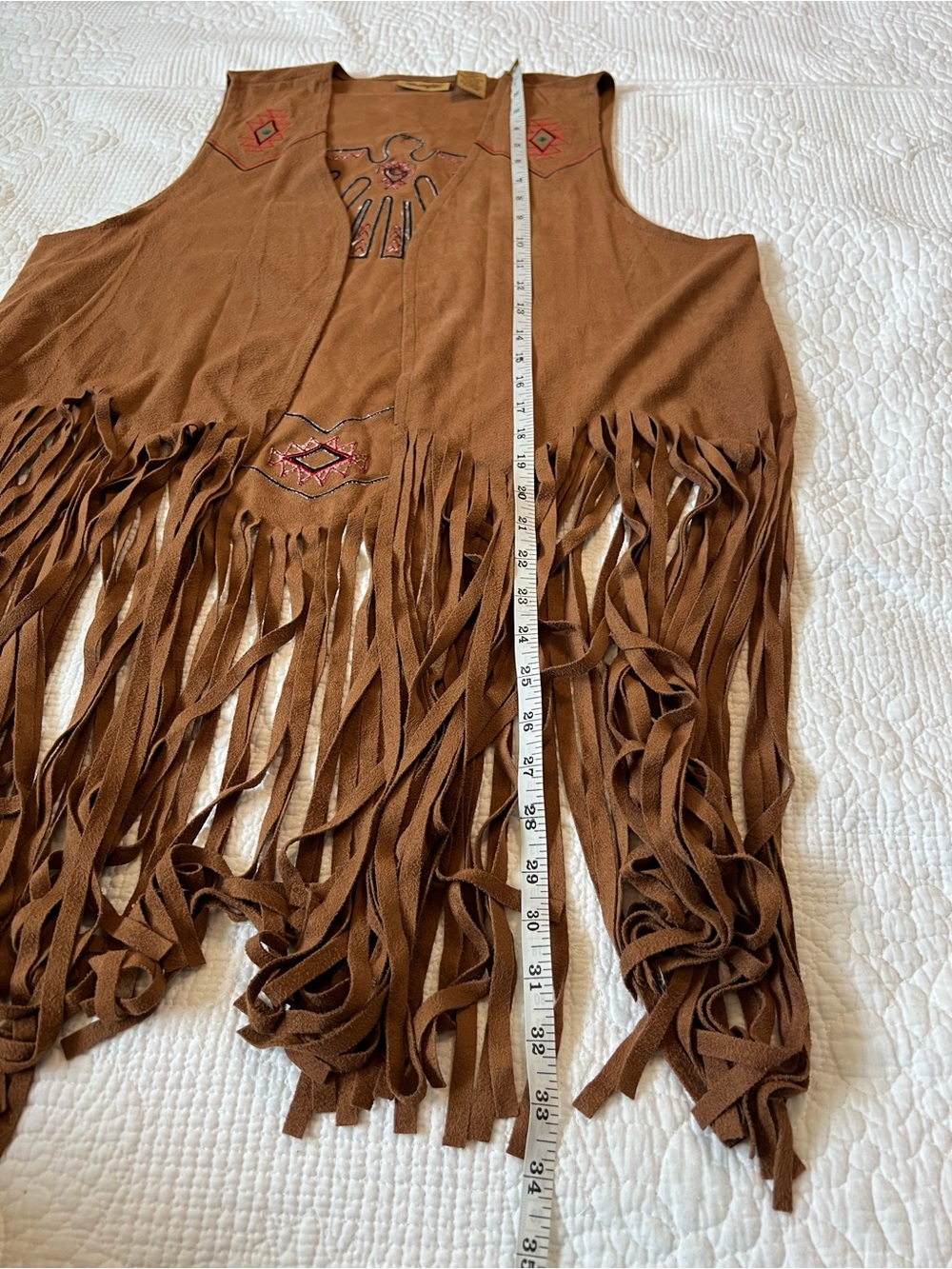 RARE Wrangler Faux-Suede Long Fringe Thunderbird Vest - Picture 10 of 10